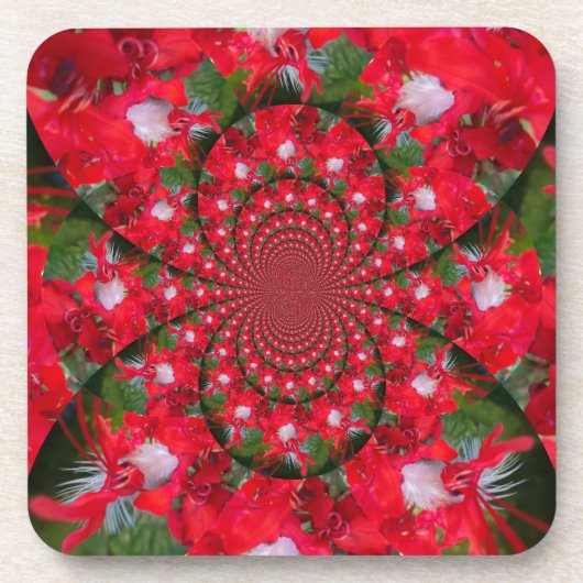 Natuurlijke Rode Bloem Witte Veer Kaleidoscoop Art Bier Onderzetter (Voorkant)