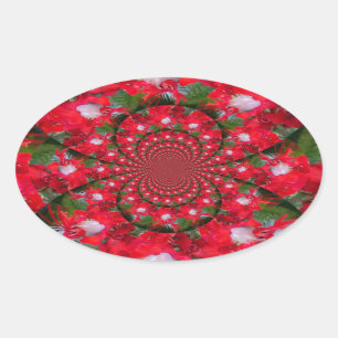 Natuurlijke Rode Bloem Witte Veer Kaleidoscoop Art Ovale Sticker