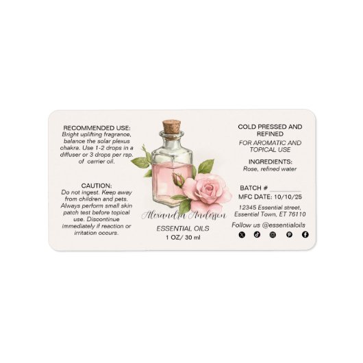 Natuurlijke Roos etherische oliën Waterverf Bloeme Etiket (Voorkant)