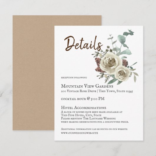 Natuurlijke Roos Woodsy Wedding Details Informatiekaartje (Voorkant / Achterkant)