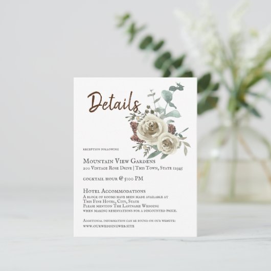 Natuurlijke Roos Woodsy Wedding Details Informatiekaartje (Staand voorkant)