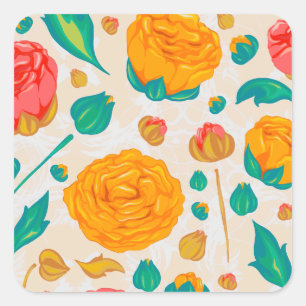 Natuurlijke Rozen Floral Bloom Red Waterverf Vierkante Sticker