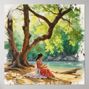 Natuurlijke schoonheid vrouw op rivier bang folie afdrukken