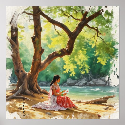 Natuurlijke schoonheid vrouw op rivier bang folie afdrukken (Voorkant)