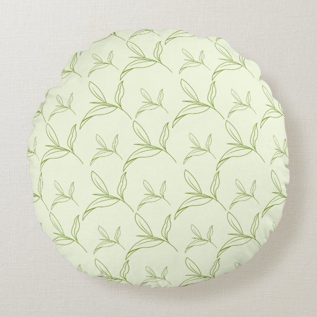 Natuurlijke Tea Leaf Mint Green Naadloos Patroon Rond Kussen (Voorkant)
