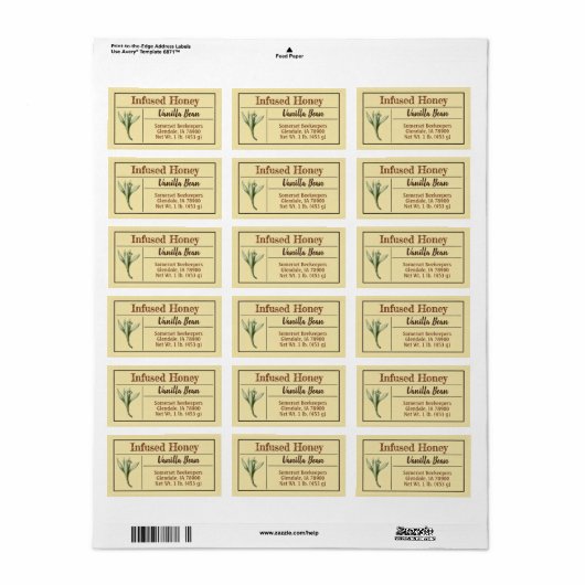 Natuurlijke vanille-honingproduct etiket (Full Sheet)