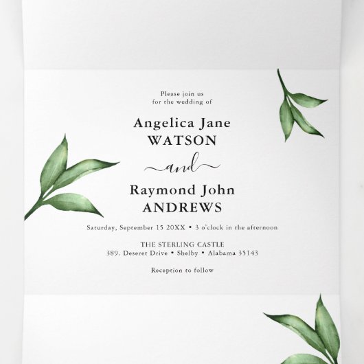 Natuurlijke Waterverf Handgeschilderd Greenery bru Drieluik Uitnodiging (Binnenkant midden)