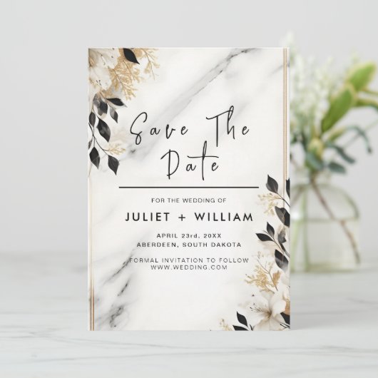 Natuurlijke werk gestapeld steen marmer bruiloft save the date (Staand voorkant)