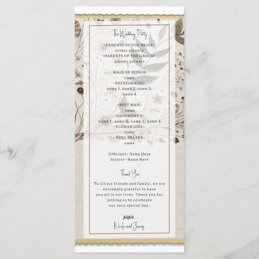 Natuur's Beauty Botanische Bloemen & Bladeren Brui Programmakaart (Achterkant)