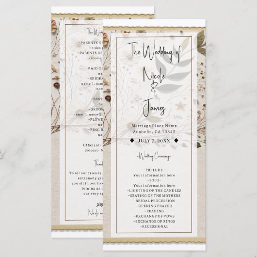 Natuur's Beauty Botanische Bloemen & Bladeren Brui Programmakaart (Voorkant / Achterkant)