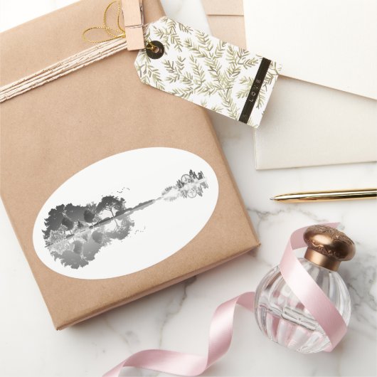 Natuur's Song: Forest Landscape Guitar Art Ovale Sticker (Geschenken)