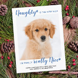 Naught Nice Funny Blue Buffalo Plaid Pet Photo Feestdagenkaart<br><div class="desc">Naughty is the new nice, I'm really, really Nice! Send cute and fun holiday greetings with this super cute personalized custom pet photo holiday card. Merry Christmas wishes from the dog with cute paw prints in a fun modern photo design. Add your dog's photo or family photo with the dog,...</div>
