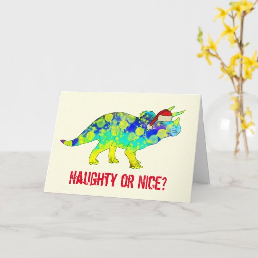 Naught of nice Santa Triceratops dino quote Kaart (Gele Bloem)