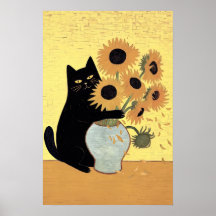 Naughty Black Cat Sunflower Painting Style