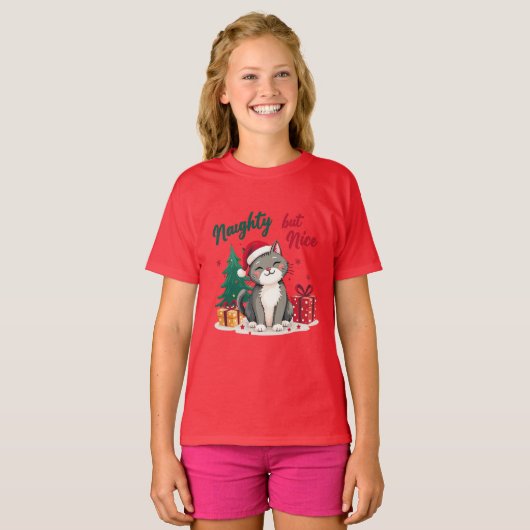 Naughty But Nice Cat Christmas T-shirt (Voorkant volledig)