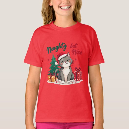 Naughty But Nice Cat Christmas T-shirt (Voorkant)