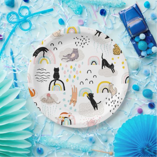 Naughty Cats met naadloze patroonregenbogen Papieren Bordje (Feest)