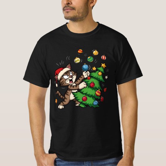 Naughty Christmas Cat – Funny Cat Knocking On Tree T-shirt (Voorkant)