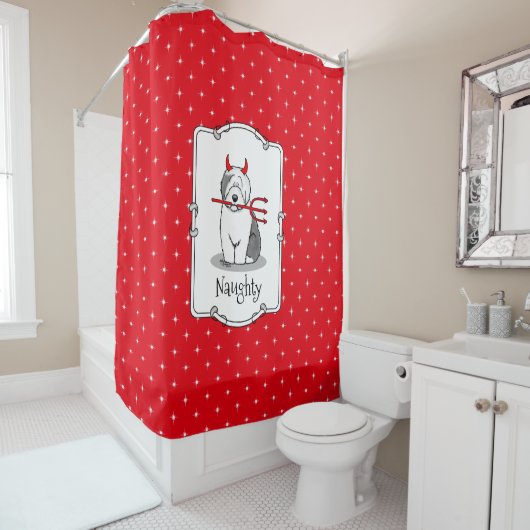 Naughty Devil Old English Sheepdog (grijs 1) Douchegordijn (In situ)