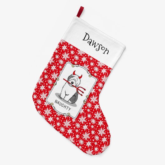 Naughty Devil Old English Sheepdog (grijs 1) Grote Kerstsok (Voorkant (Hangend))