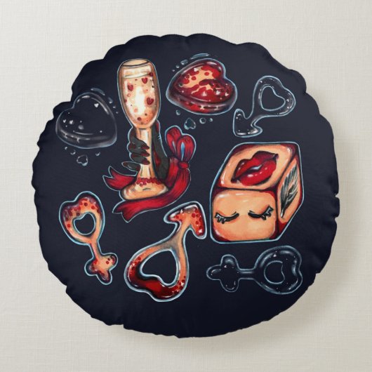Naughty Dice & Champagne Adult Humor Dark Romantic Rond Kussen (Voorkant)