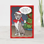 Naughty Dog Funny Santa Pit Bull Kerstmis Feestdagen Kaart<br><div class="desc">Verstuur met je eigen gepersonaliseerde mop, sms en prettige feestdagen in je eigen boodschap een grappige kerstkaart voor je familie en vrienden. Het originele kunstwerk van Raphaela Wilson toont een schattige cartoon illustratie van een grijze en witte Pit Bull met een kersthoed. Hij sneed een stuk rode broek van de...</div>