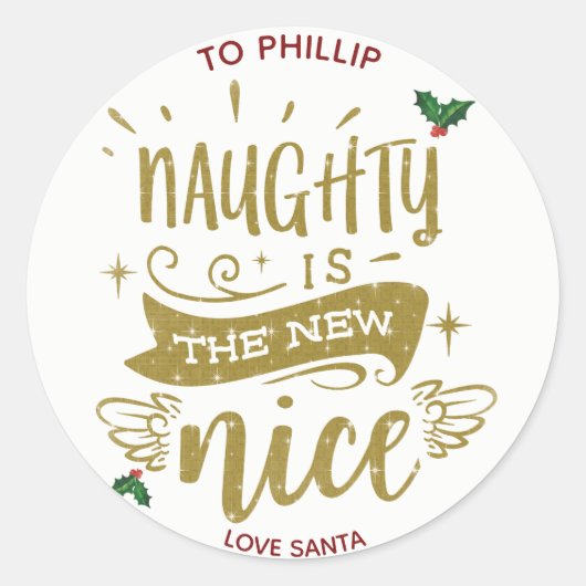 Naughty is het nieuwe Nice kerst sticker label (Voorkant)