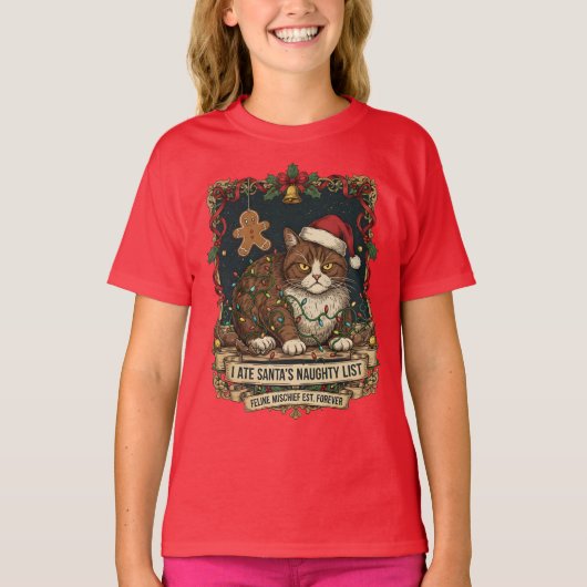 "Naughty List" Cat Christmas Humor. T-shirt (Voorkant)