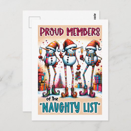 Naughty List Snowmen Toasting in Holiday Style Briefkaart (Voorkant / Achterkant)