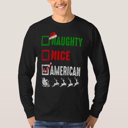Naughty Nice American Kerstpyjama Funny Sant T-shirt (Voorkant)