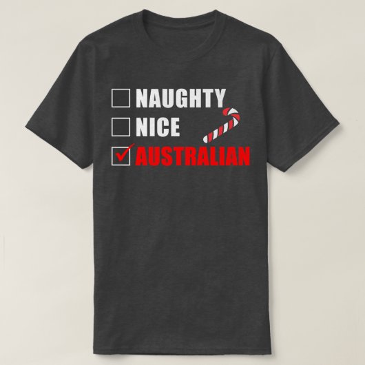 Naughty Nice Australian Candy Cane Kerstman T-shirt (Design voorkant)