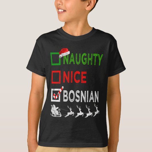 Naughty Nice Bosnian kerstpyjama Funny Santa T-shirt (Voorkant)