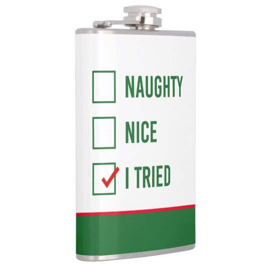 Naughty, Nice, ik heb geprobeerd - Grappig kerstci Heupfles (Rechts)