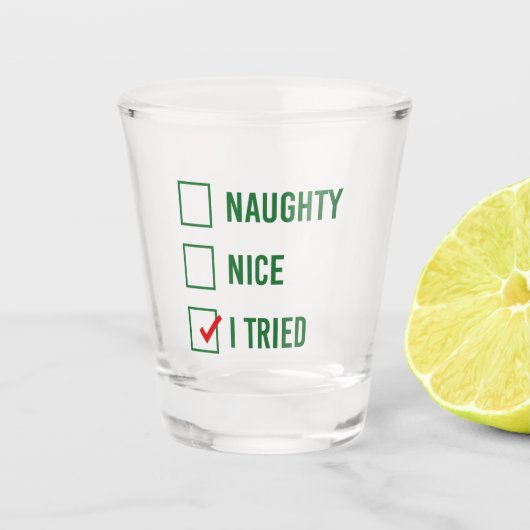 Naughty, Nice, ik heb geprobeerd - Grappig kerstci Shot Glas (Voorkant)