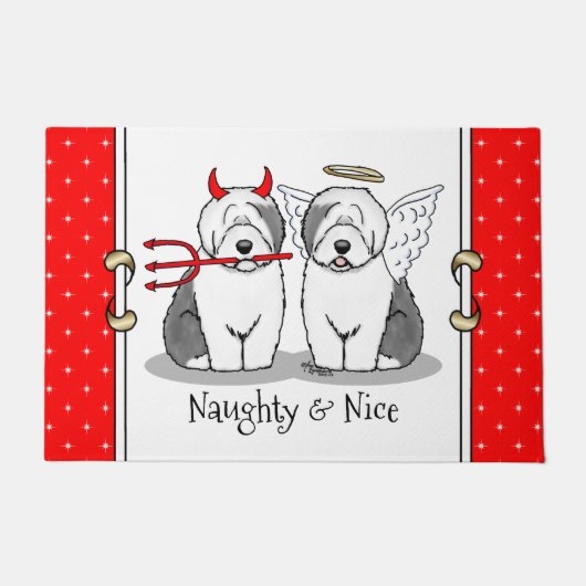 Naughty & Nice Old English Sheepdogs (grijs 1) Deurmat (Voorkant)