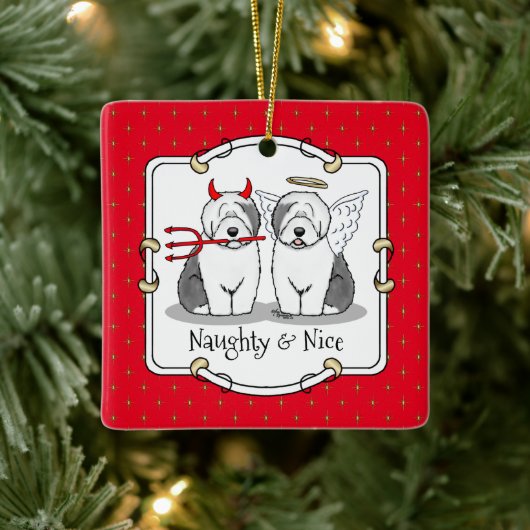 Naughty & Nice Old English Sheepdogs (grijs 1) Keramisch Ornament (Boom)