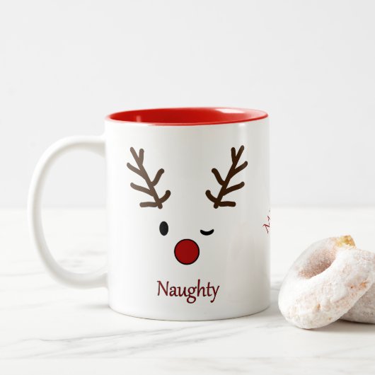 Naughty & Nice Personalized Reindeer Tweekleurige Koffiemok (Met donut)