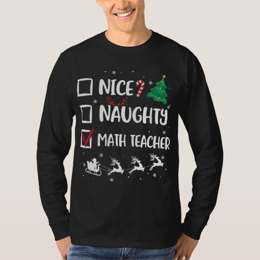 Naughty Nice Wiskunde leraar Kerstmis Funny Santa T-shirt (Voorkant)