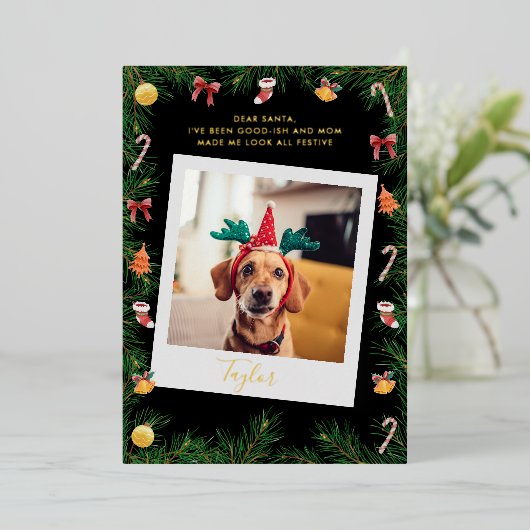 Naughty of Nice Funny Pet Dog Aangepaste Kerstmis Folie Feestdagenkaart (Staand Voorkant)