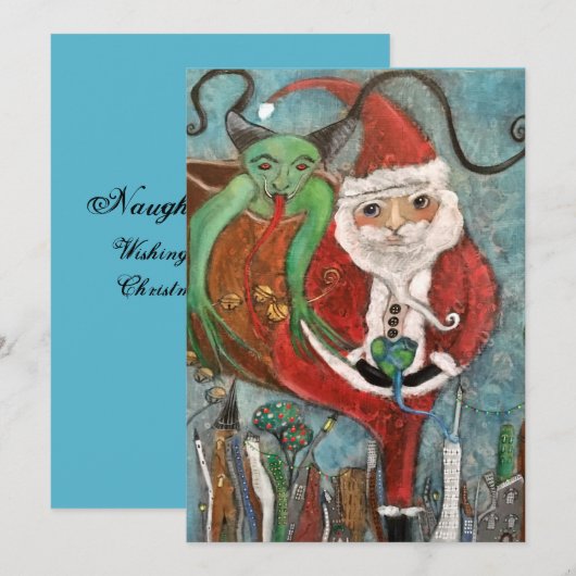 Naughty of Nice Santa and Krampus Art Holiday Card Feestdagenkaart (Voorkant / Achterkant)
