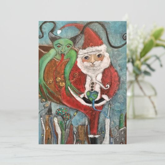 Naughty of Nice Santa and Krampus Art Holiday Card Feestdagenkaart (Staand voorkant)
