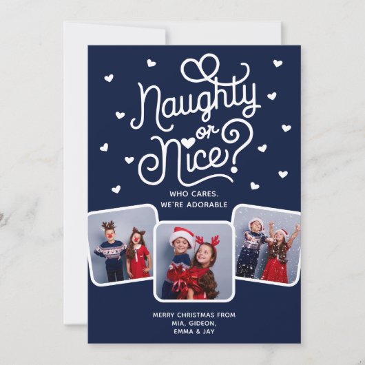 Naughty or Nice Funny Cute Sibling Family 3 Photo  Feestdagenkaart (Voorkant)