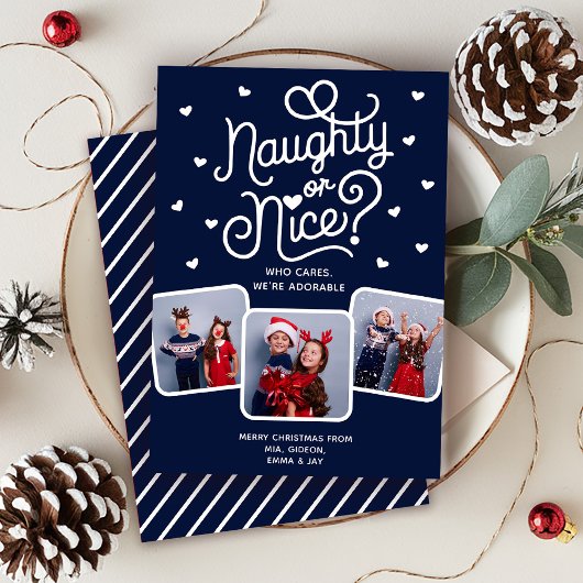 Naughty or Nice Funny Cute Sibling Family 3 Photo  Feestdagenkaart