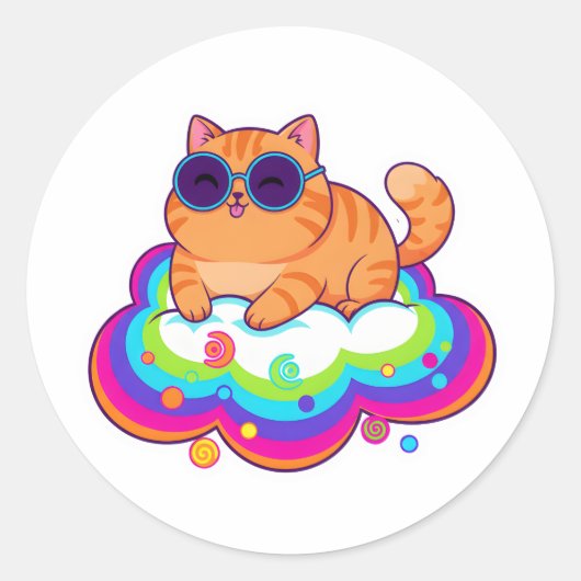 naughty Orange Cat Blep on Rainbow Cloud Ronde Sticker (Voorkant)