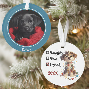 Naughty Puppy Santa Checklist Blauw Ornament