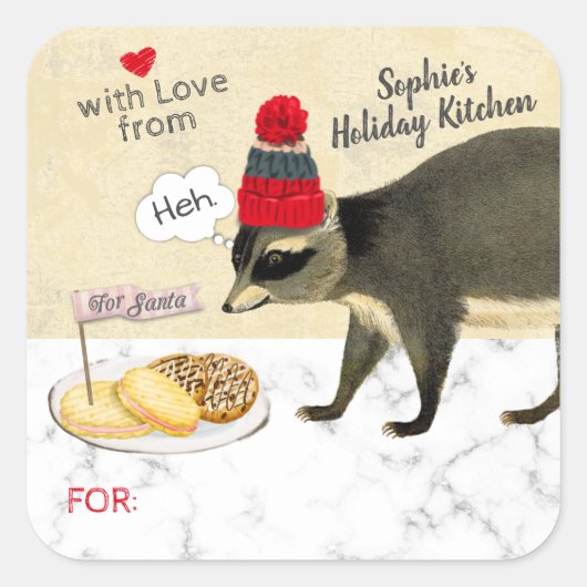 Naughty raccoon eet je kerstkoekjes bakken vierkante sticker (Voorkant)
