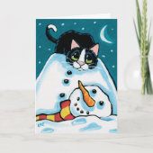 Naughty Tuxedo Cat en hoofdloze sneeuwman Feestdagen Kaart (Voorkant)