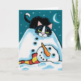 Naughty Tuxedo Cat en hoofdloze sneeuwman Feestdagen Kaart