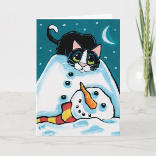 Naughty Tuxedo Cat en hoofdloze sneeuwman Feestdagen Kaart