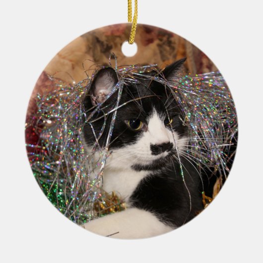 Naughty tuxedo kat Kerstmis Keramisch Ornament (Voorkant)